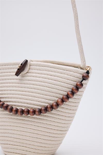 Düğmeli Hasır Çanta Krem