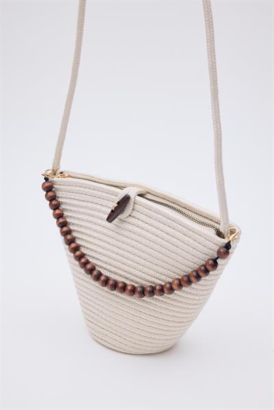 Düğmeli Hasır Çanta Krem