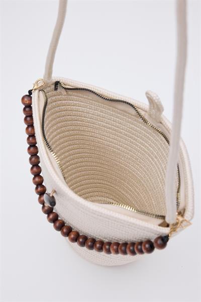 Düğmeli Hasır Çanta Krem