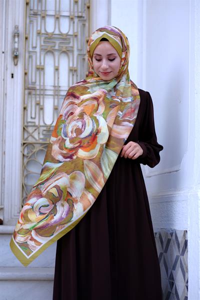 Gül Desenli Şal Yağ Yeşili