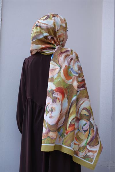 Gül Desenli Şal Yağ Yeşili