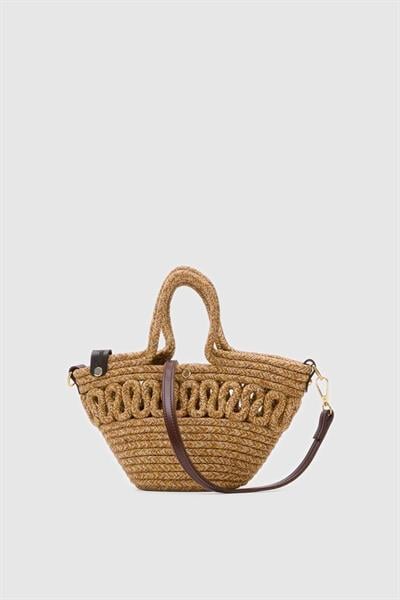 S Detaylı Hasır Çanta Vizon