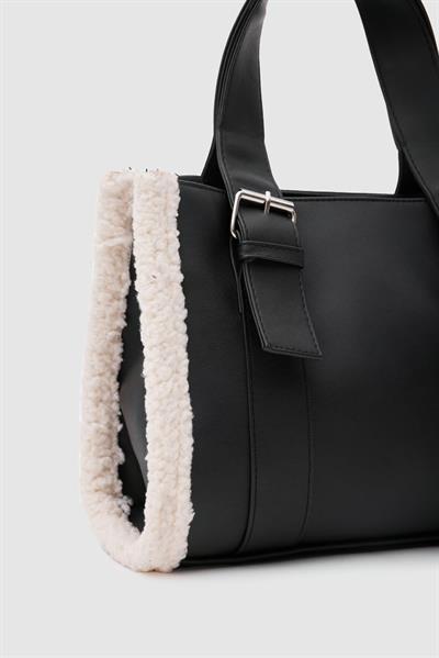 Suni Deri Kürklü Tote Çanta Siyah