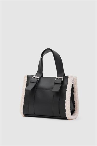 Suni Deri Kürklü Tote Çanta Siyah