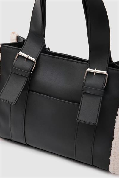 Suni Deri Kürklü Tote Çanta Siyah