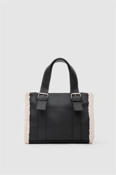 Suni Deri Kürklü Tote Çanta Siyah