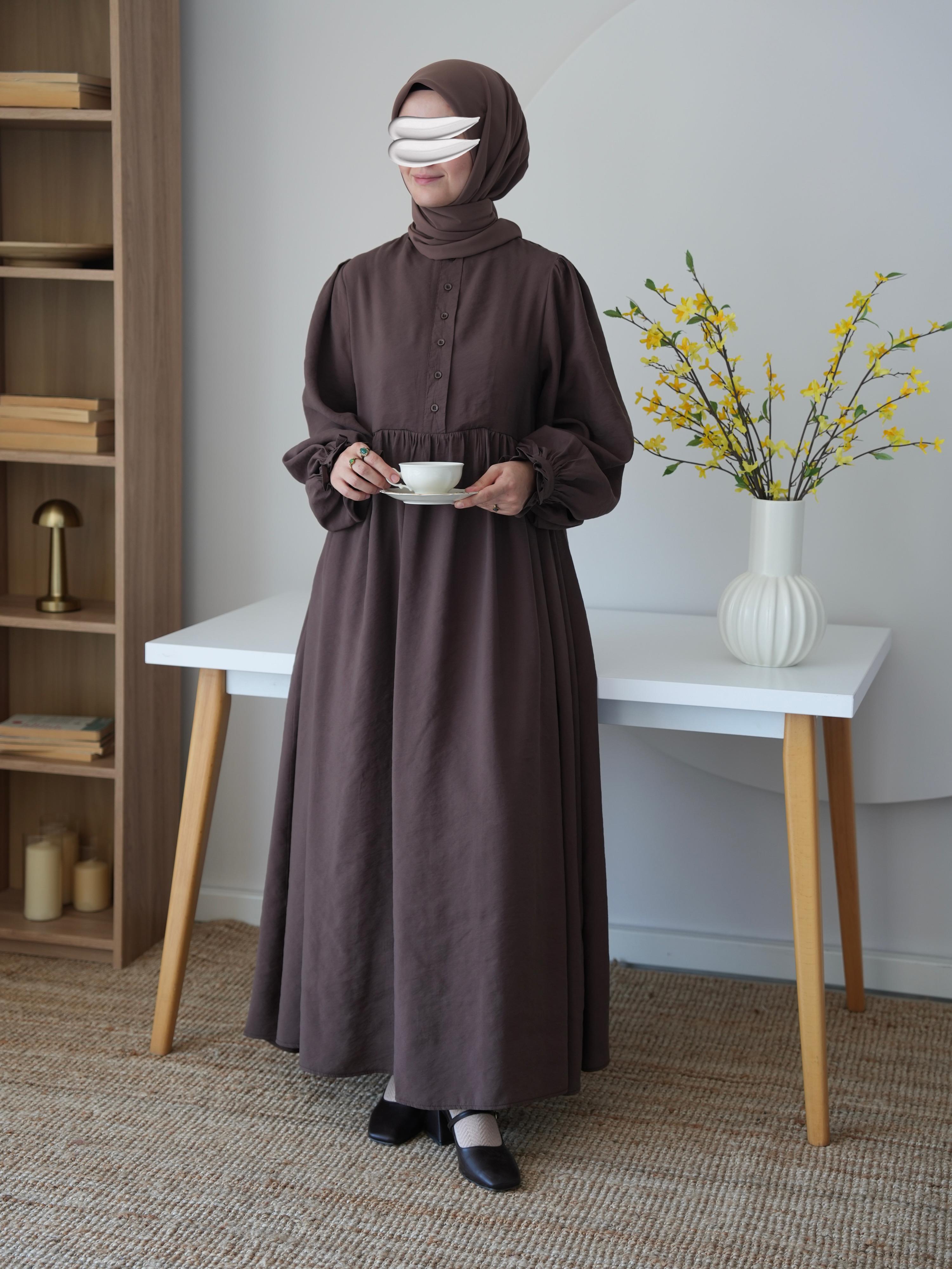 Modal Büzgülü Elbise Kahverengi