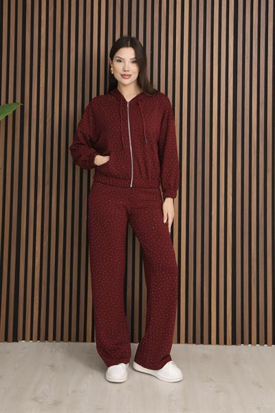 Bordo Taşlı Fermuarlı Beli Lastikli Modal Takım-İGNİTES-00051