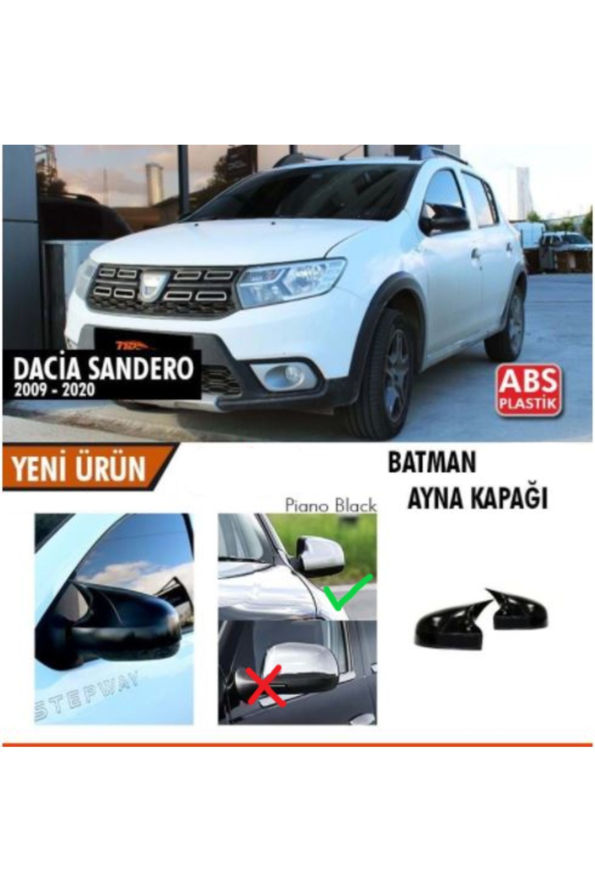 Dacia Sandero 2009-2020 Uyumlu Batman Yarasa Ayna Kapağı Piano Black Abs Plastik