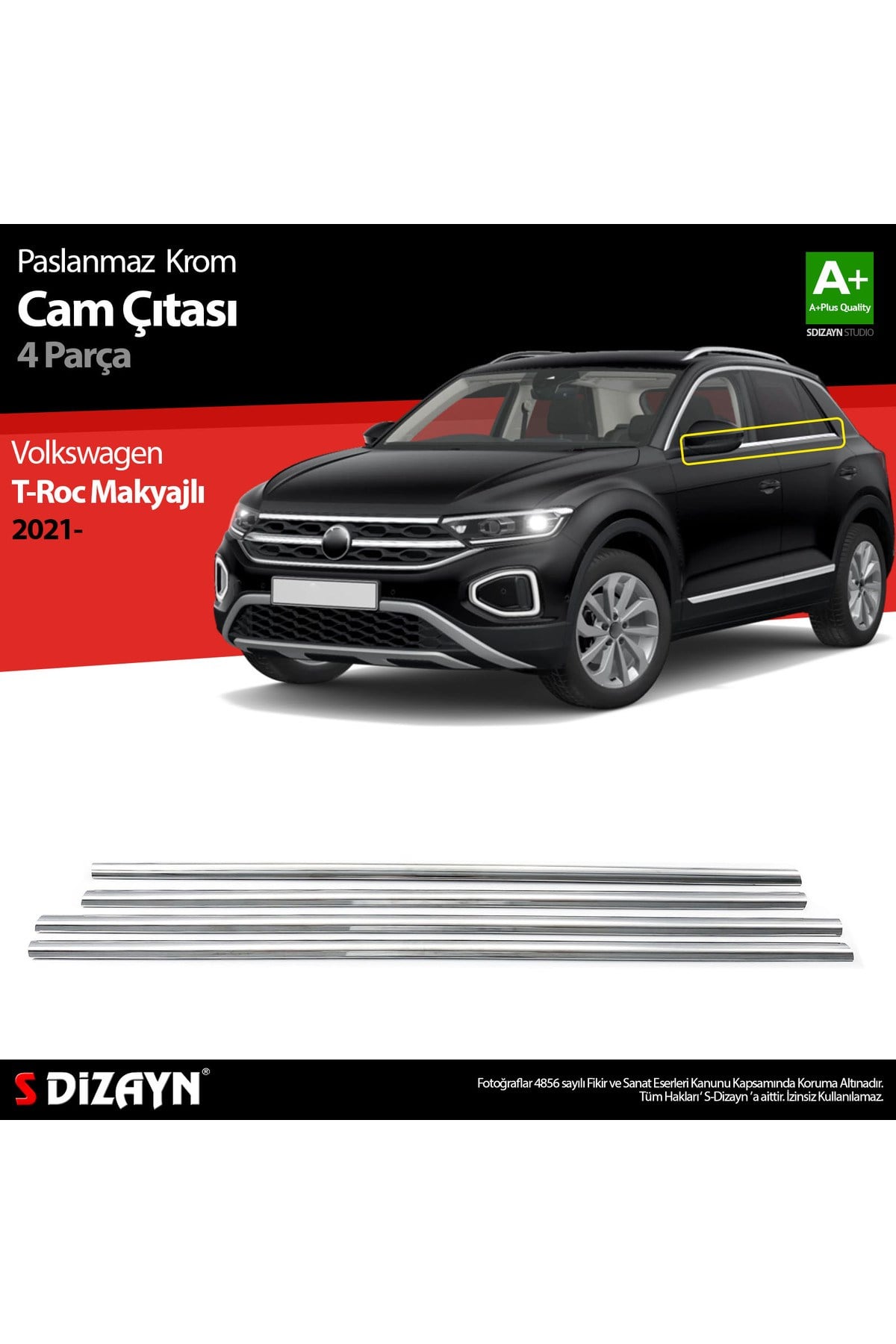 S-Dizayn VW T-Roc Makyajlı Krom Cam Çıtası 4 Prç. 2021 Üzeri 7636060