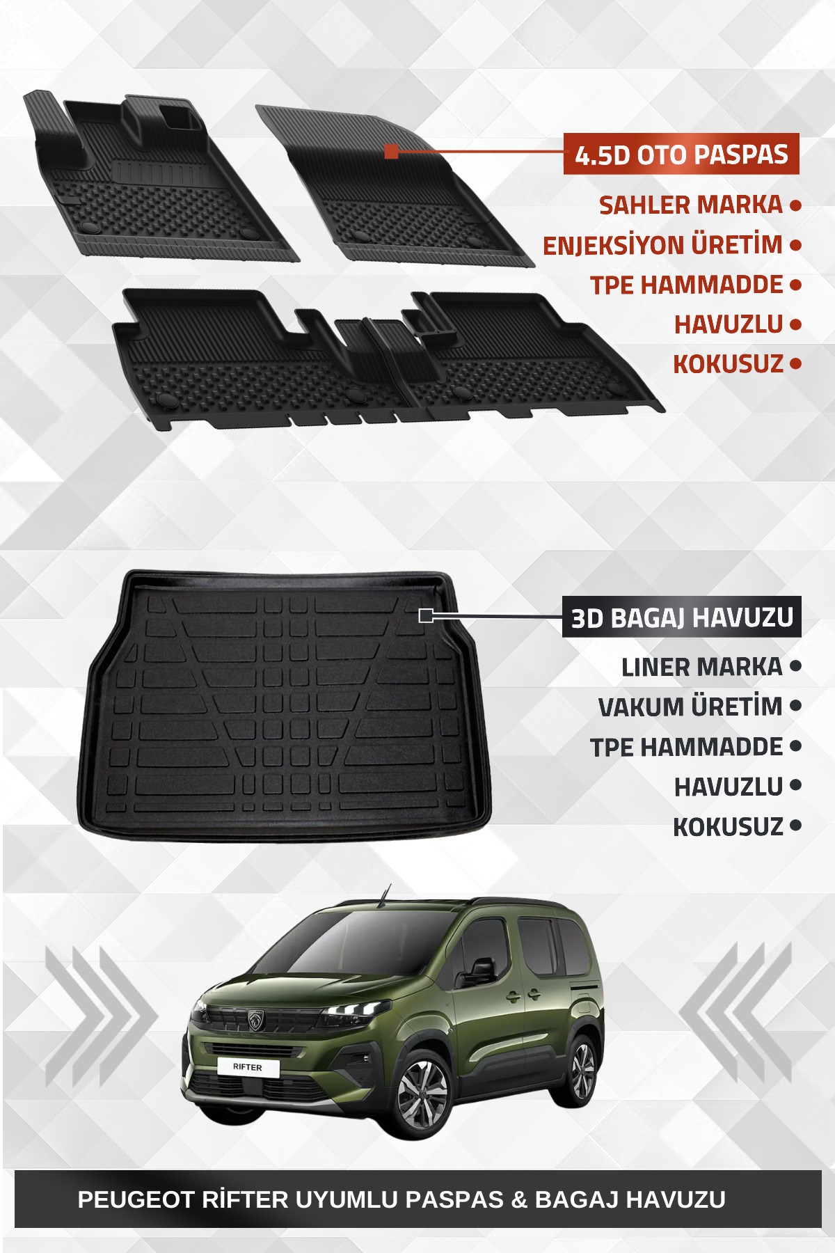 Peugeot Rifter 2019+ Uyumlu 4.5D Premium Havuzlu Oto Paspas Ve Liner Marka 3D Bagaj Havuzu