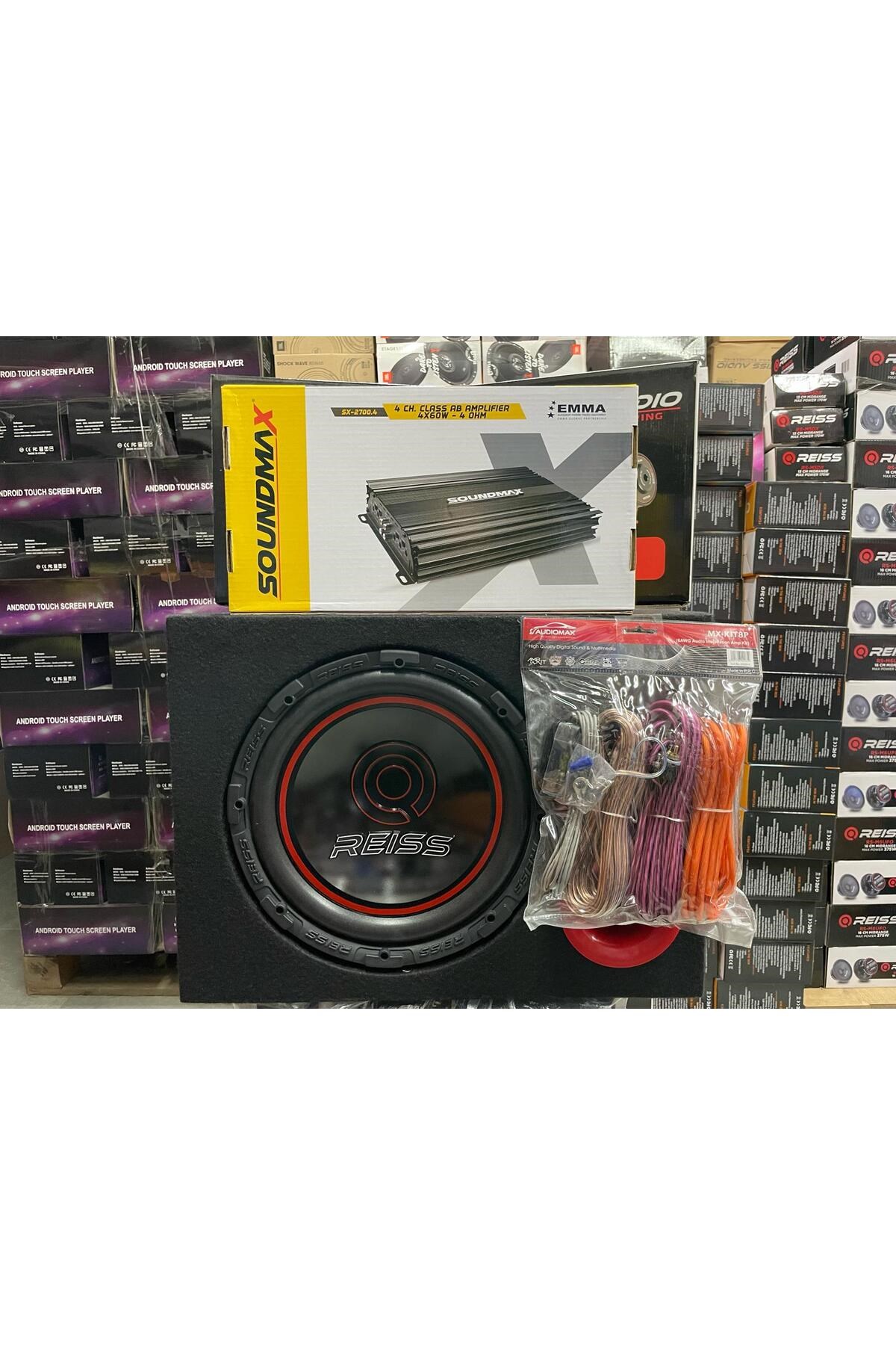 REİSS AUDİO RS-GH12 30 CM SUBWOOFER BAS 1400W + SOUNDMAX SX-2700.4AB 3000W 4 KANAL AMFİ KABLO KABİN