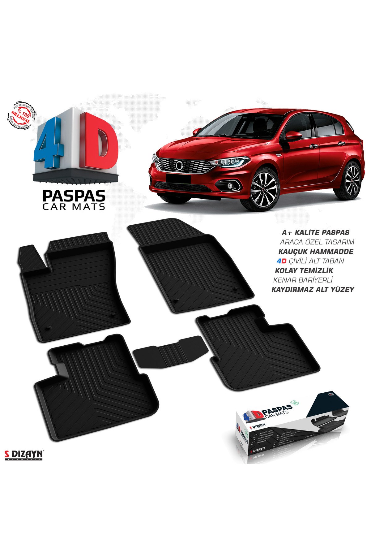 S-Dizayn Fiat Egea HB 4D Havuzlu Paspas 2015-2020 A+ Kalite 4DS-5822