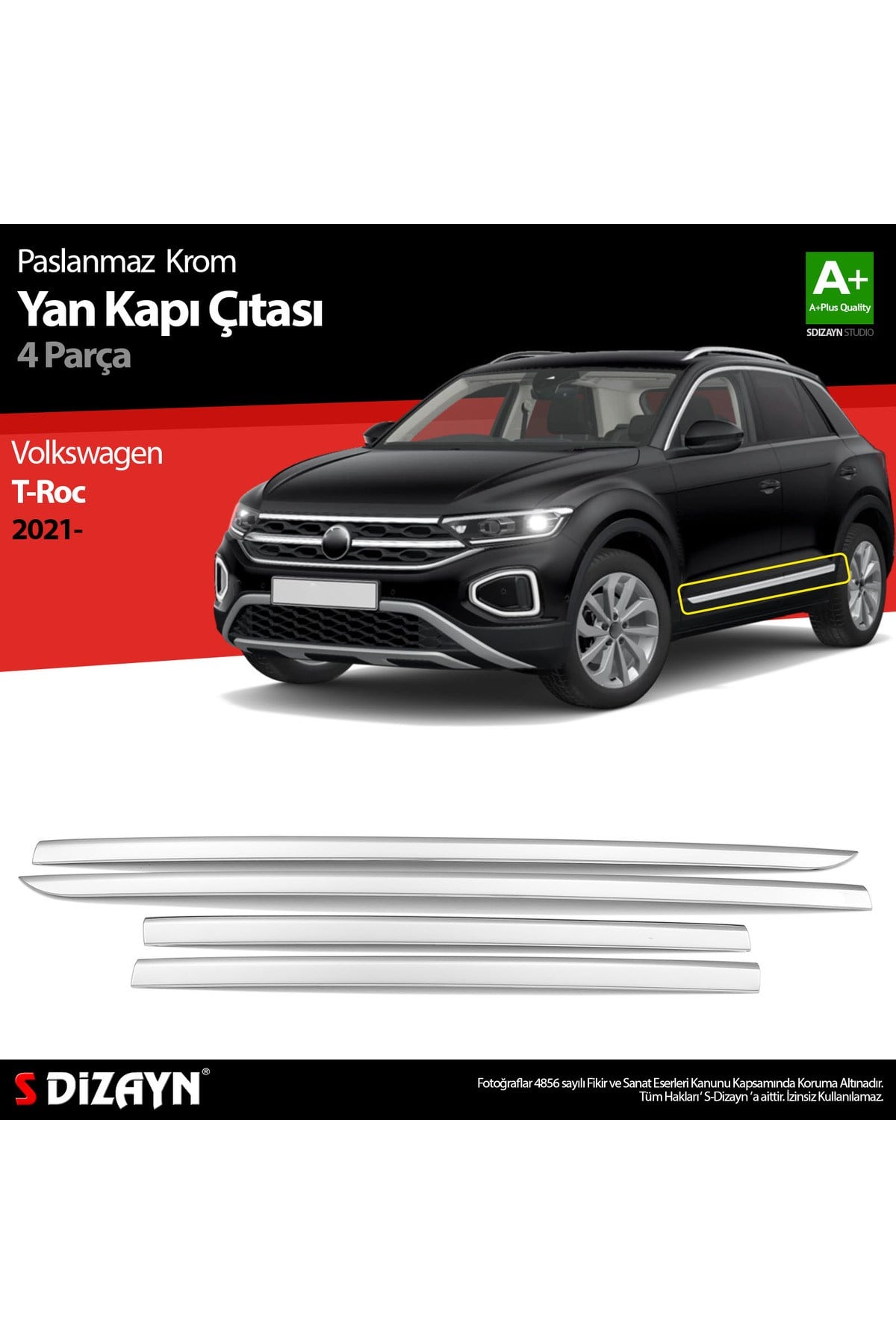 S-Dizayn VW T-Roc Makyajlı Krom Yan Kapı Çıtası 4 Prç. 2021 Üzeri 7636140