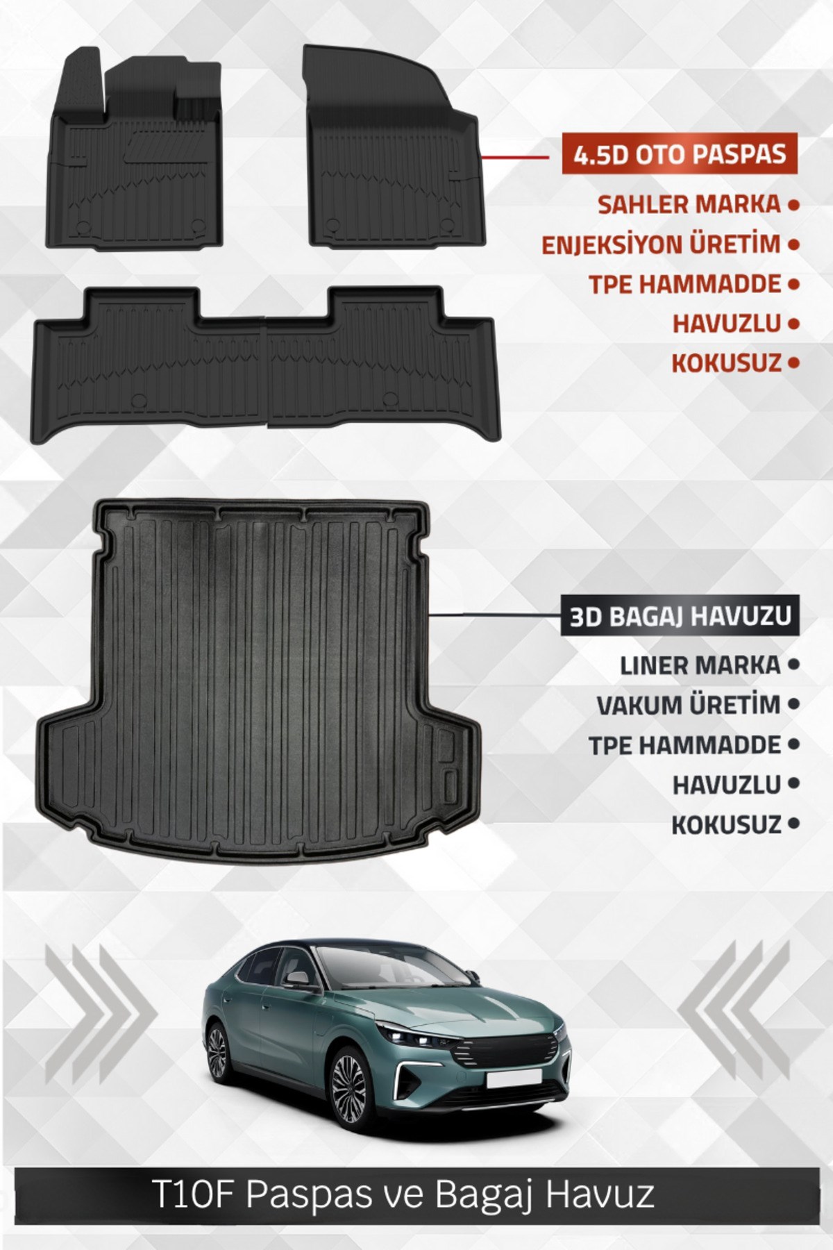 Togg T10F 2025+ Uyumlu 4.5D Premium Havuzlu Oto Paspas ve Liner Marka 3D Bagaj Havuzu