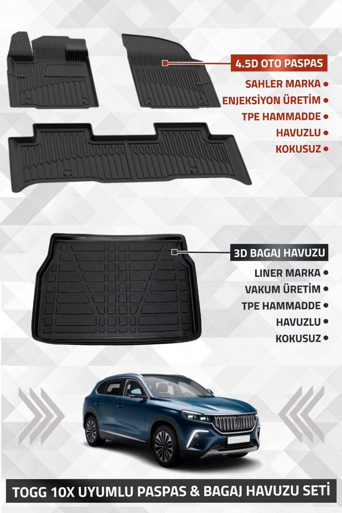 Togg T10x 2023-2025 4.5d Pro Premium Havuzlu Oto Paspas Ve Liner 3d Bagaj Havuzu - T10x