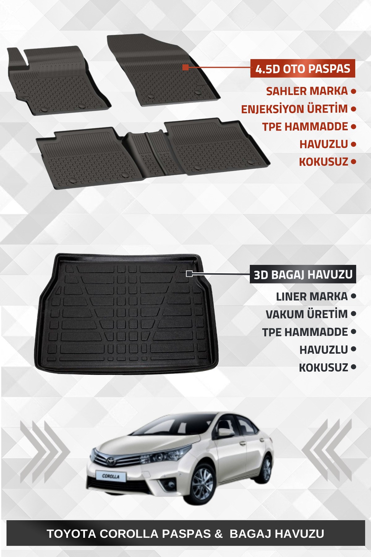 Toyota Corolla 2013-2018 Uyumlu 4.5d Premium Havuzlu Paspas Ve Liner Marka 3d Bagaj Havuzu