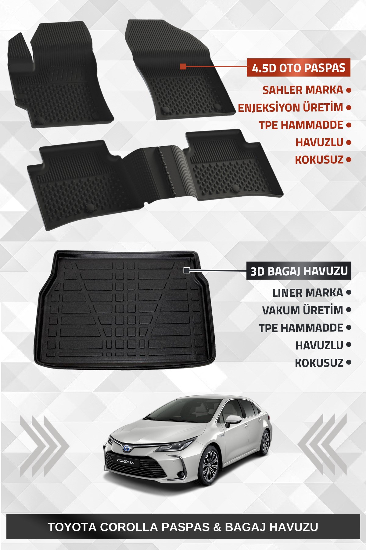 Toyota Corolla Sedan 4.5d Premium Havuzlu Paspas Ve Liner 3d Bagaj Havuzu Seti