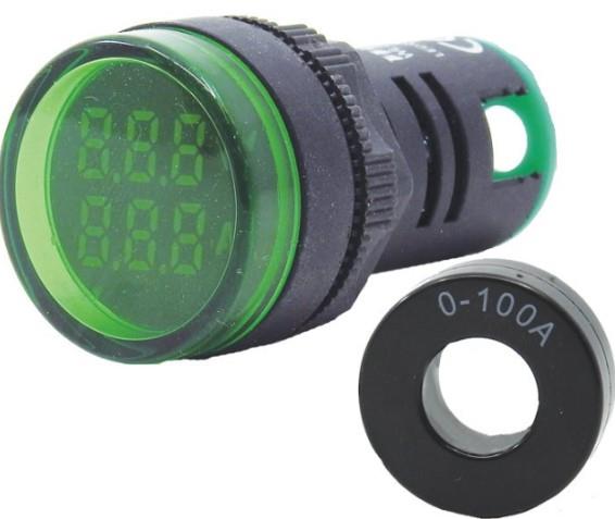 Ø22mm Display Göstergeli Yuvarlak Voltmetre 12-500 VAC+Ampermetre 1A-100A AC Akım Trafolu