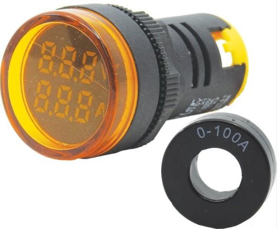 Ø22mm Display Göstergeli Yuvarlak Voltmetre 12-500 VAC+Ampermetre 1A-100A AC Akım Trafolu