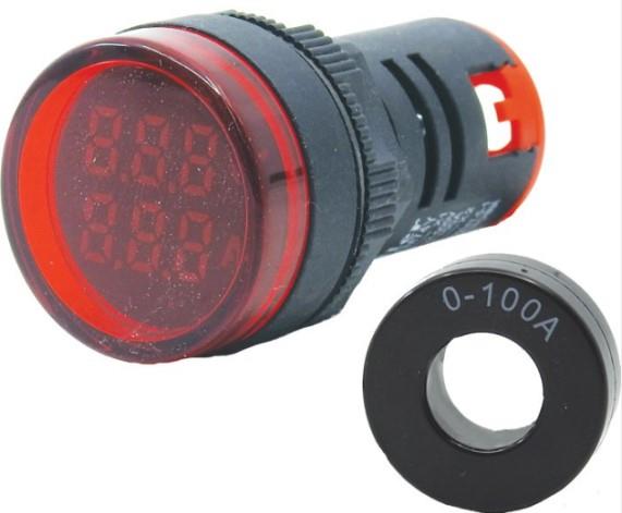 Ø22mm Display Göstergeli Yuvarlak Voltmetre 12-500 VAC+Ampermetre 1A-100A AC Akım Trafolu