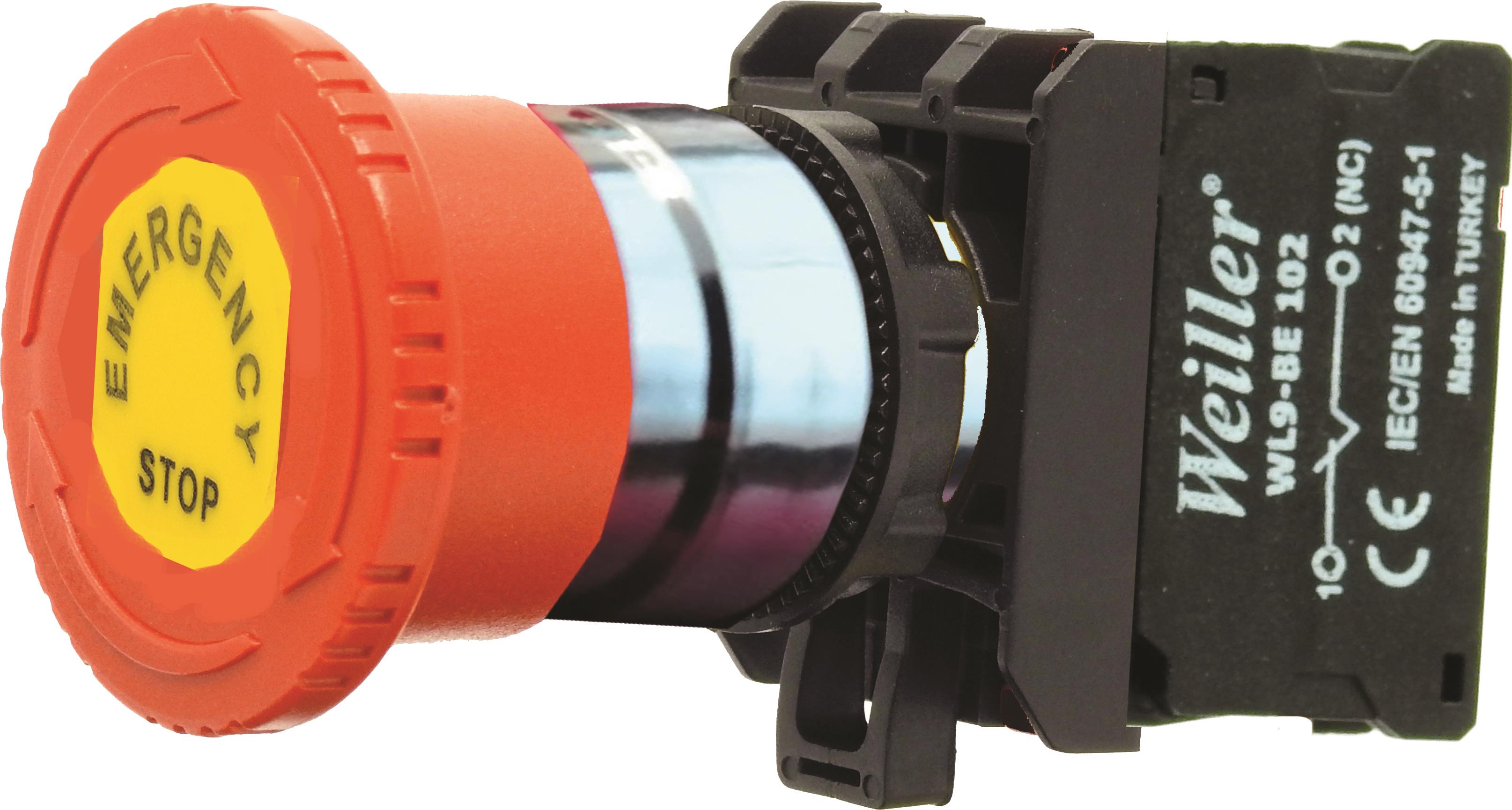 Ø40mm Plastik Kafa Metal Kaplamalı Mantar Acil Stop Etiketli Buton