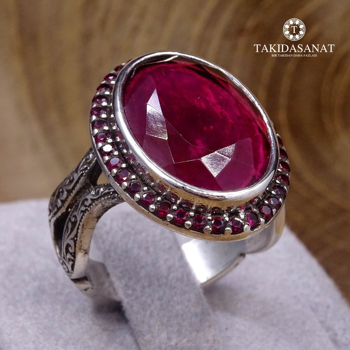 El İşi Usta Kesimi Ruby Taşlı Lale Motif Gümüş Bayan Yüzük-1