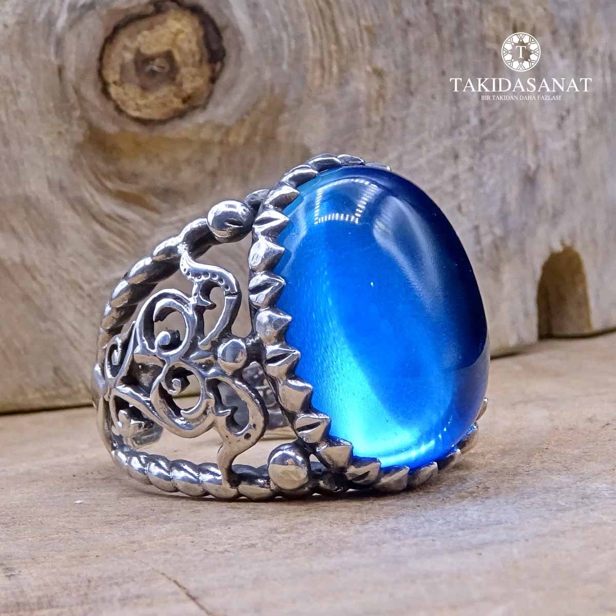 Kubbeli Mavi Taşlı Gümüş Yüzük
