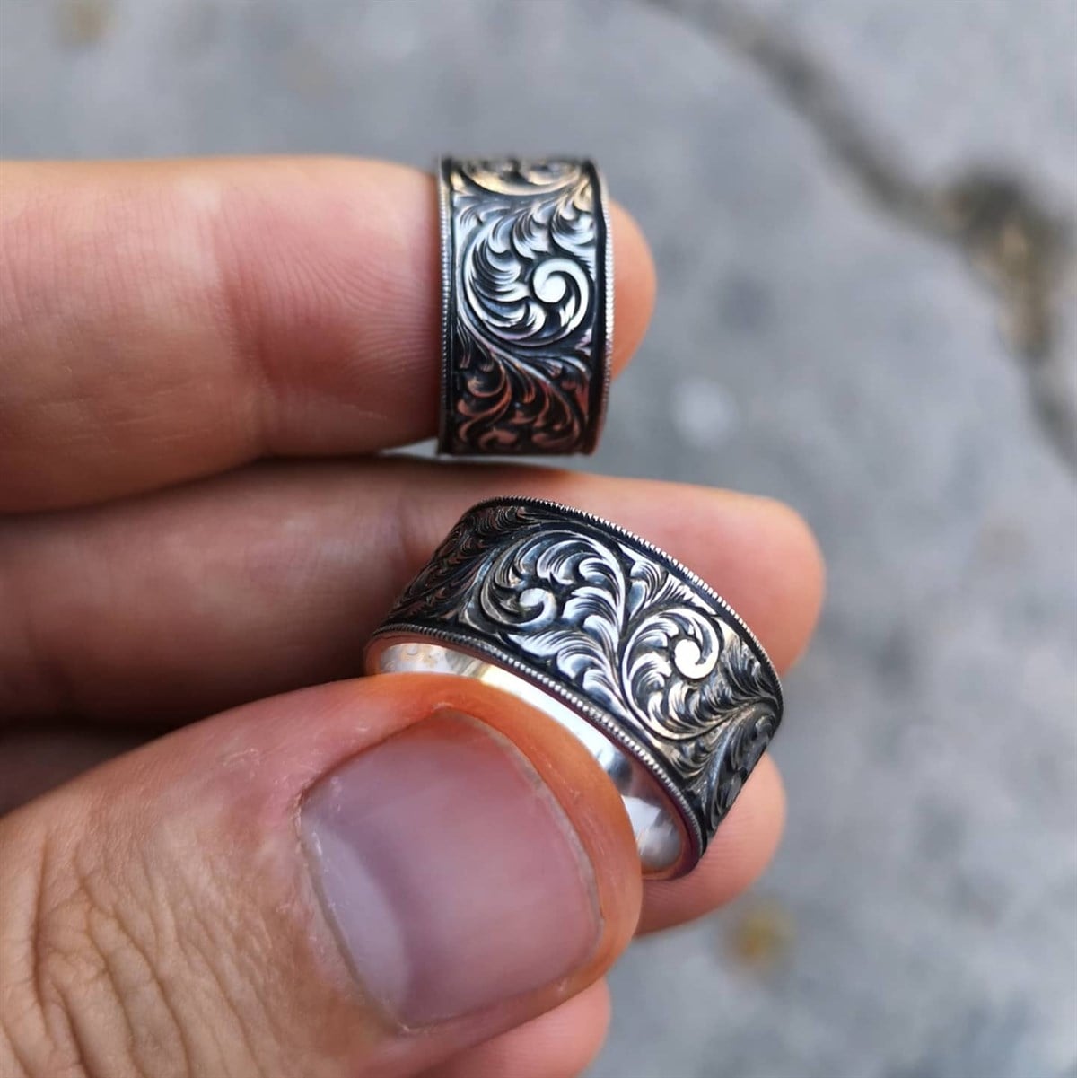 Sade Kalem İşi El Yapımı Çift Gümüş Alyans