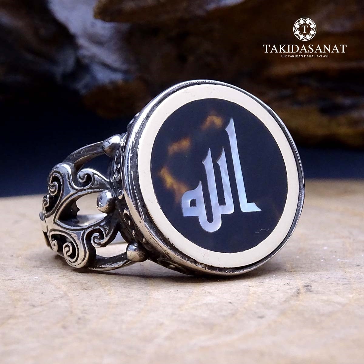 Sedef Kakma Sanatı Kufi Allah Yazılı El Yapımı Gümüş Yüzük