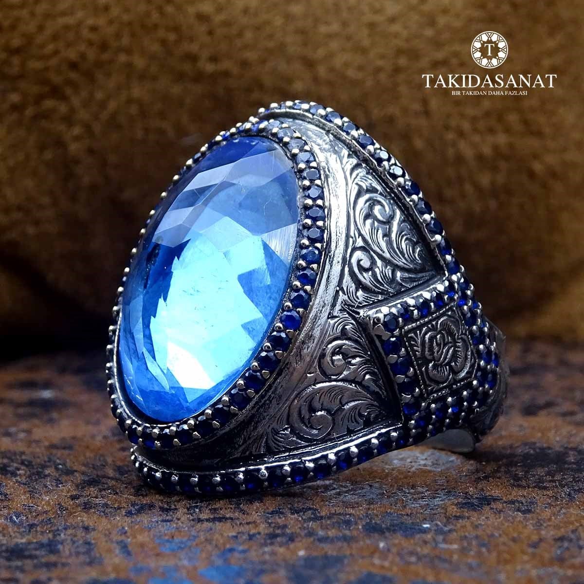 Topaz Taşlı Kalem İşlemeli Usta İşi Gümüş Yüzük
