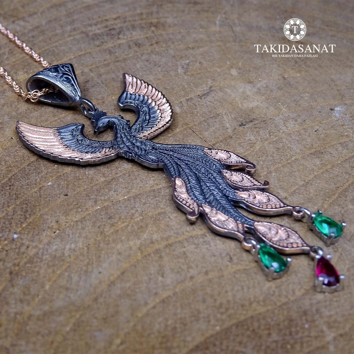 Zümrüdü Anka Kuşu Roze Gold Kaplama Gümüş Tasarım Kolye1