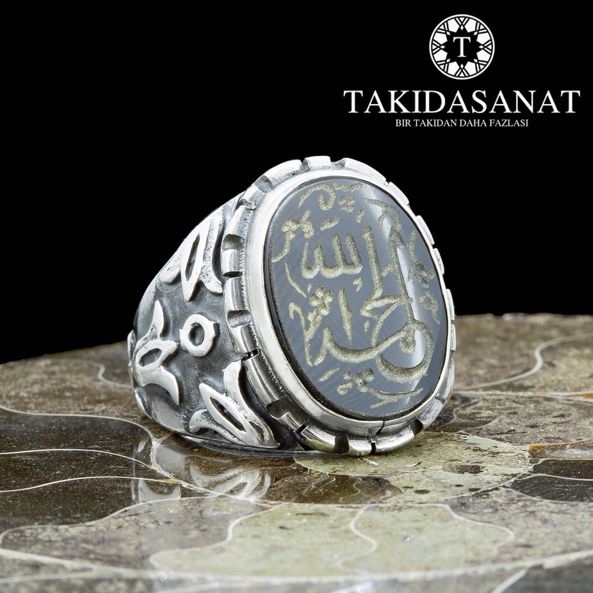 Akik Taşa ''Elhadülillah'' Yazılı El Yapımı Gümüş Yüzük