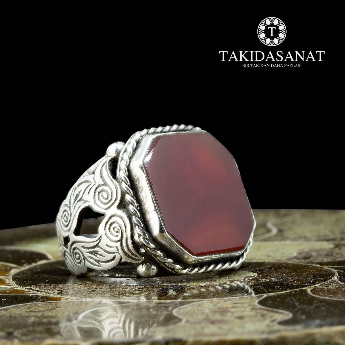 Kahve Akik Taşlı El Yapımı Gümüş Yüzük