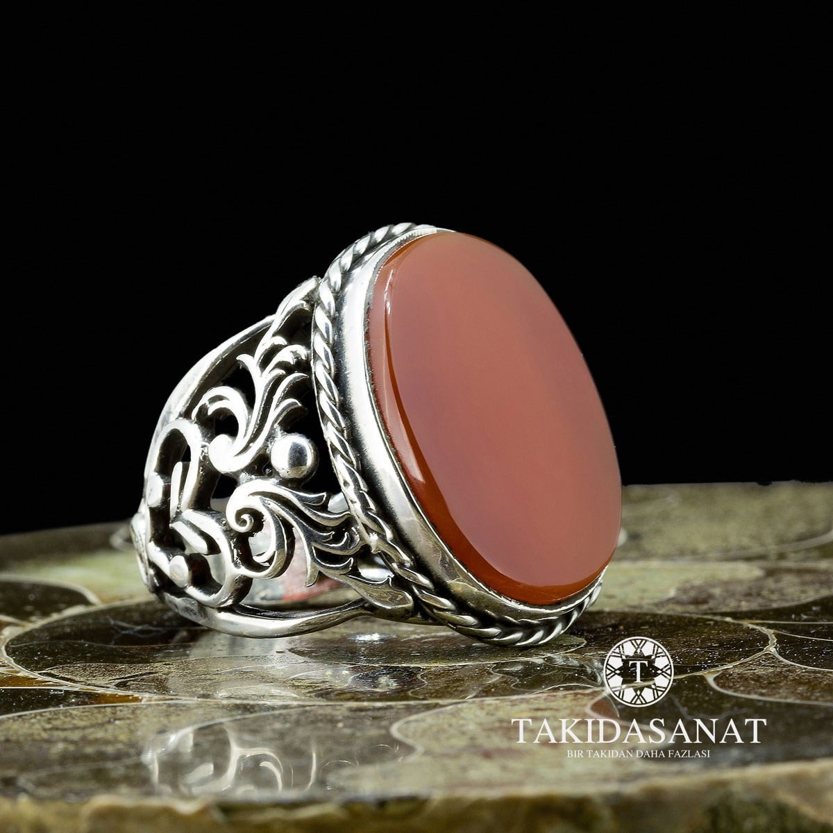 Kahve Akik Taşlı El Yapımı Gümüş yüzük
