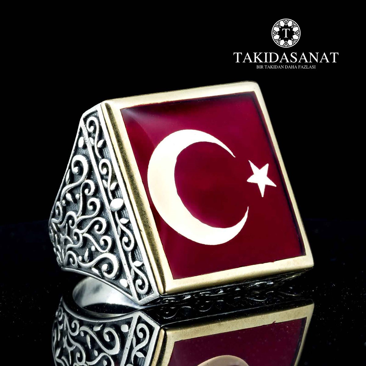 Ay-Yıldız Özel Kesim Kare Gümüş Yüzük