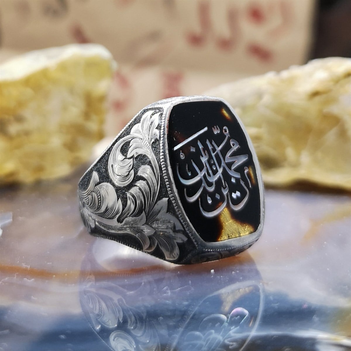 Barok Tarzı Gravür Kabartma ve Sedef Kakma El Yapımı Gümüş Yüzük 