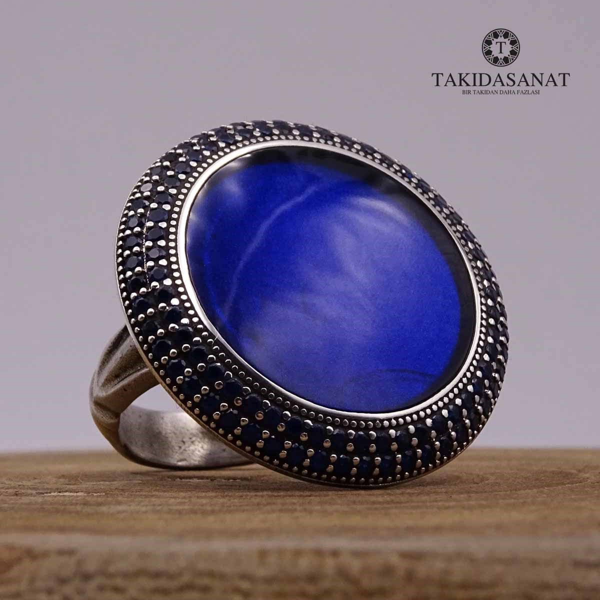 Çİft Sıra Lacivert Taşlı Bayan Gümüş Yuvarlak Yüzük