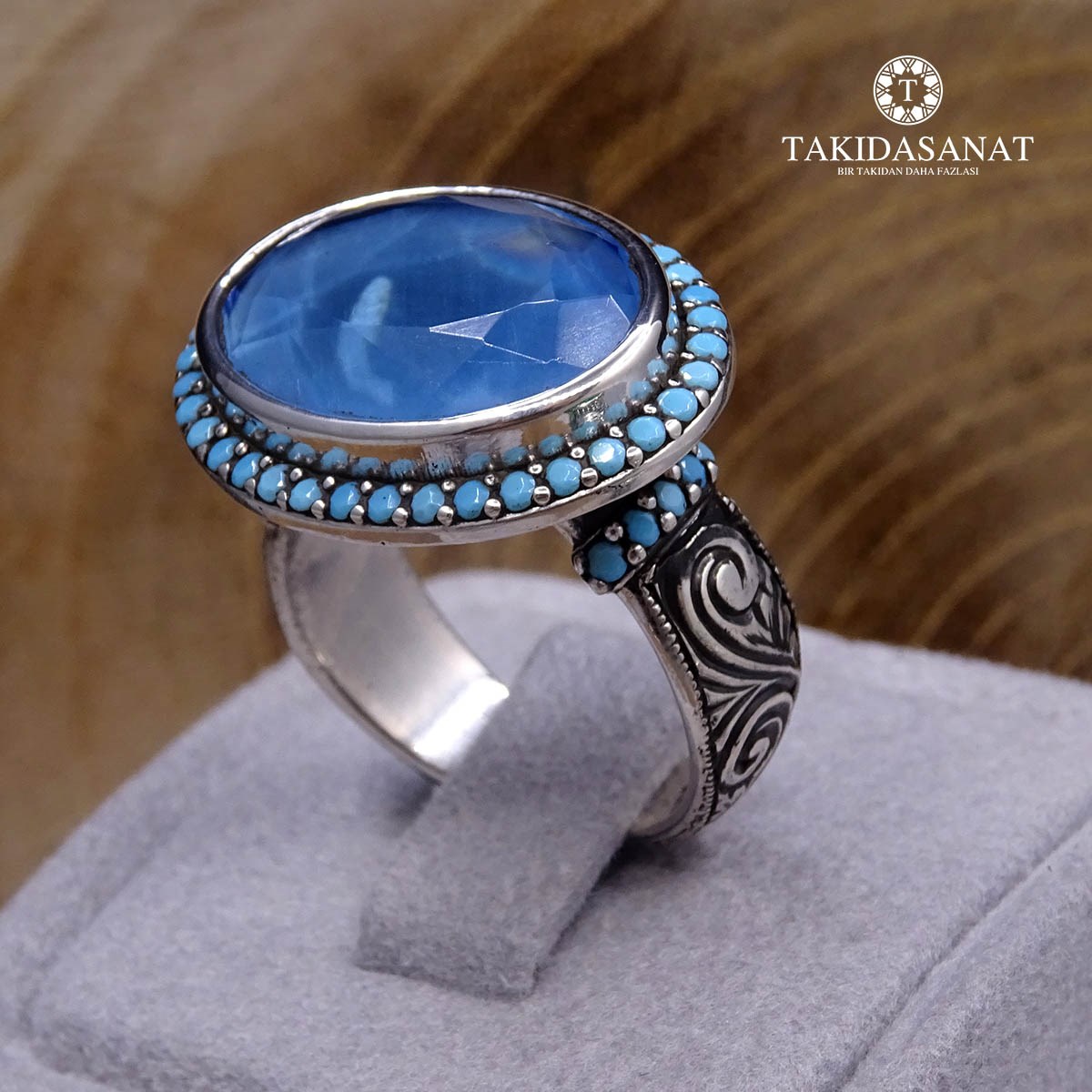 El İşi Usta Kesimi Topaz Taşlı Gümüş Bayan Yüzük-1