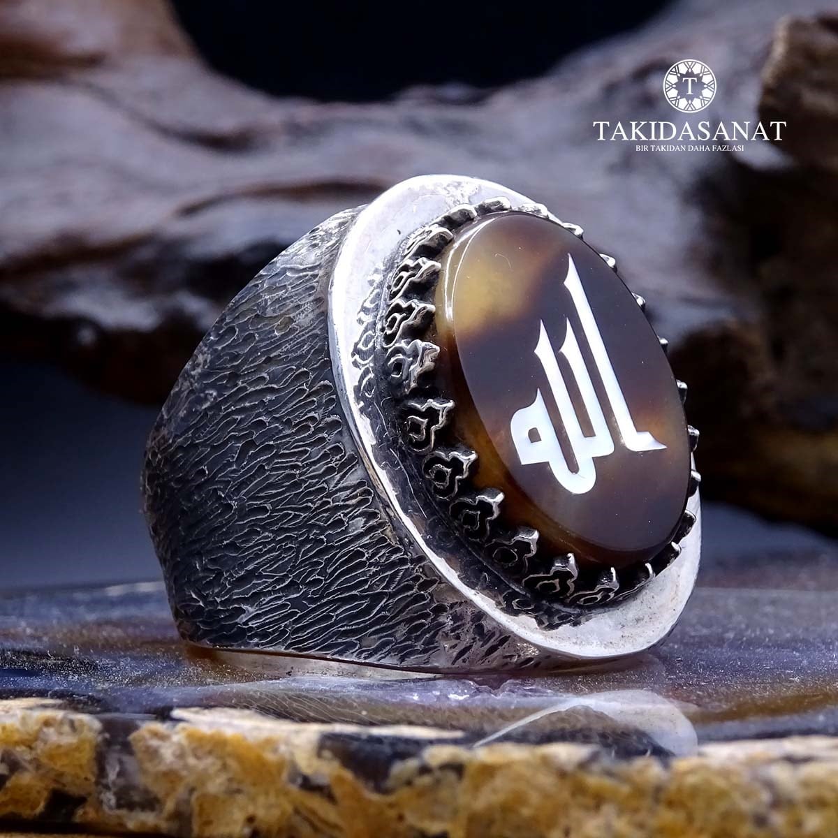 Kufi Allah yazılı Sedef Kakma  El Yapımı Gümüş yüzük 