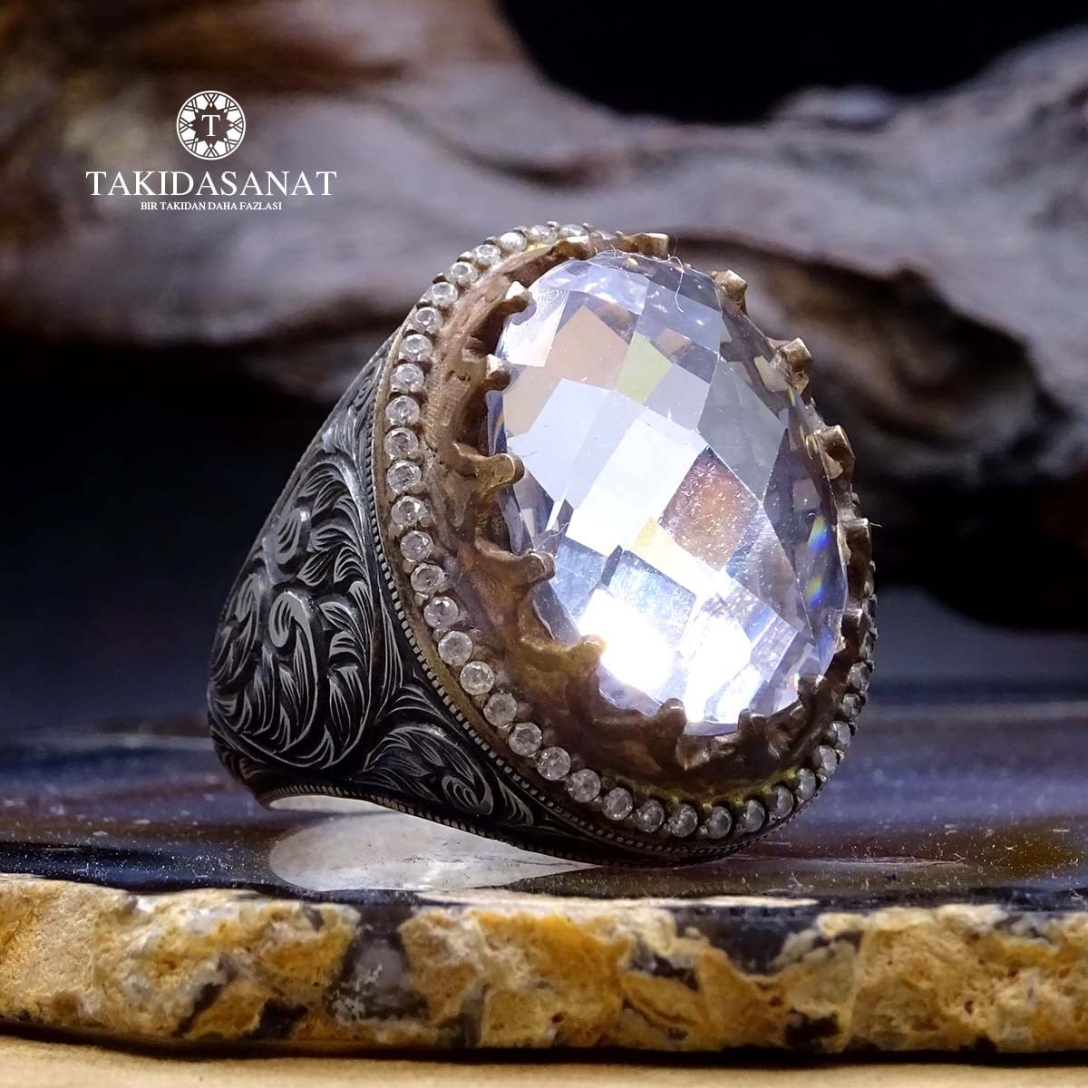 Swarovsky Zirkon Taşlı El Yapımı Erzurum İşi Gümüş Yüzük