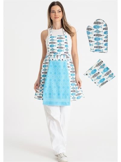 Havlulu Mutfak Önlüğü Fırın Eldiveni Ve Tutacak Mavi