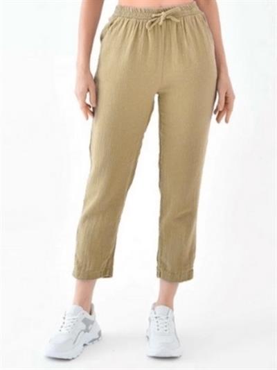 Kadın Dar Paça Müslin Pantolon %100 Pamuklu Açık Kahve