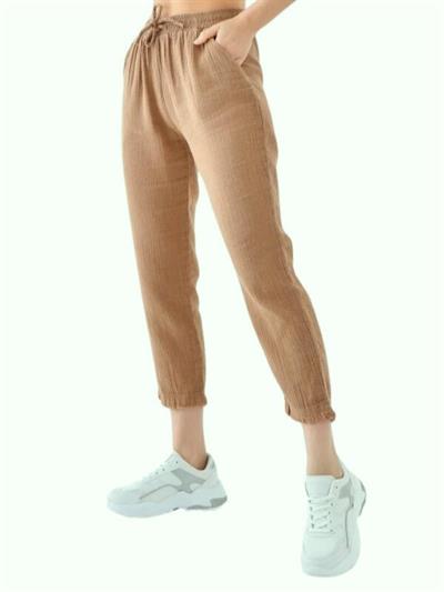 Kadın Dar Paça Müslin Pantolon %100 Pamuklu Kahve