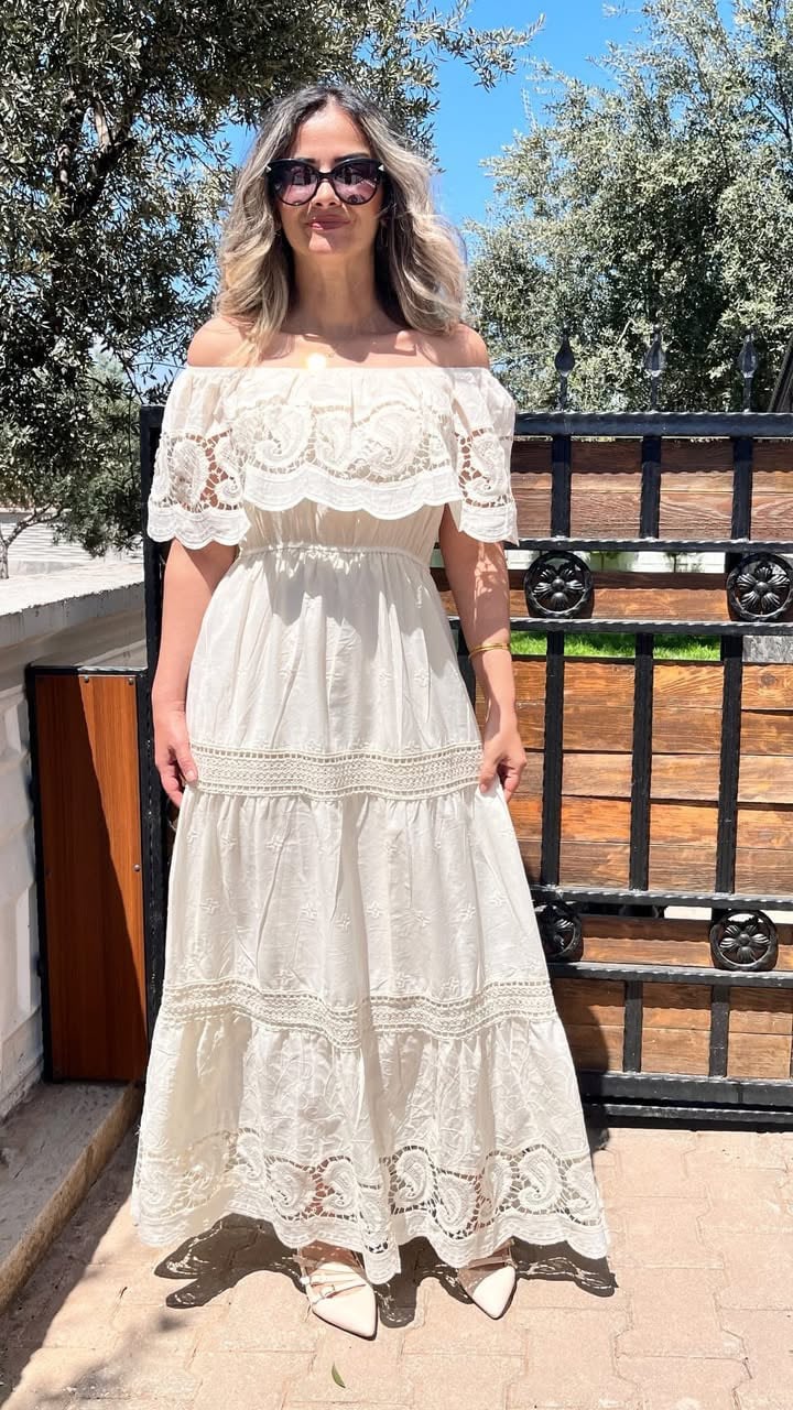Astarlı Bohem Beyaz Elbise