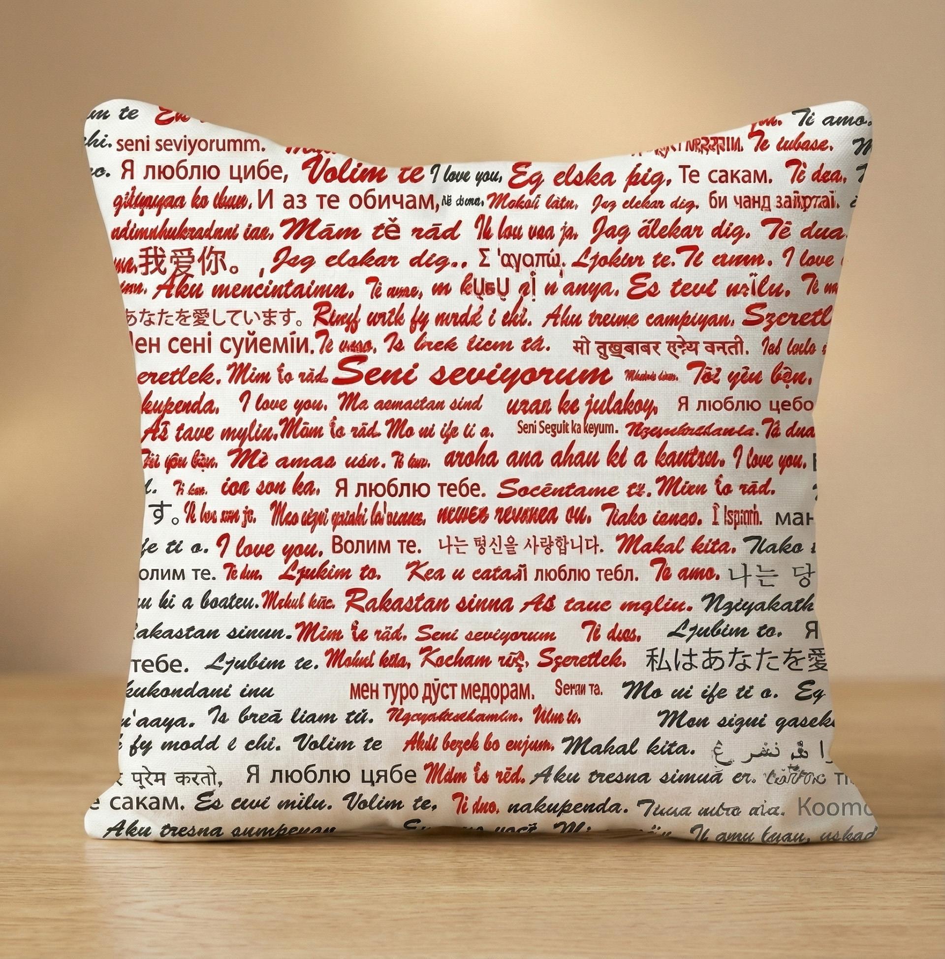 100 Dilde Seni Seviyorum Baskılı Yastık 28x28cm - Sevgiliye Hediye