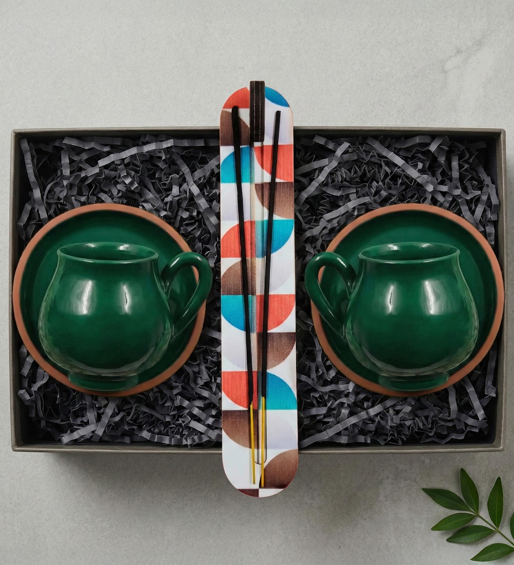 2'li El Yapımı Petrol Yeşili Türk Kahve Fincanı & Tütsü Hediye Seti