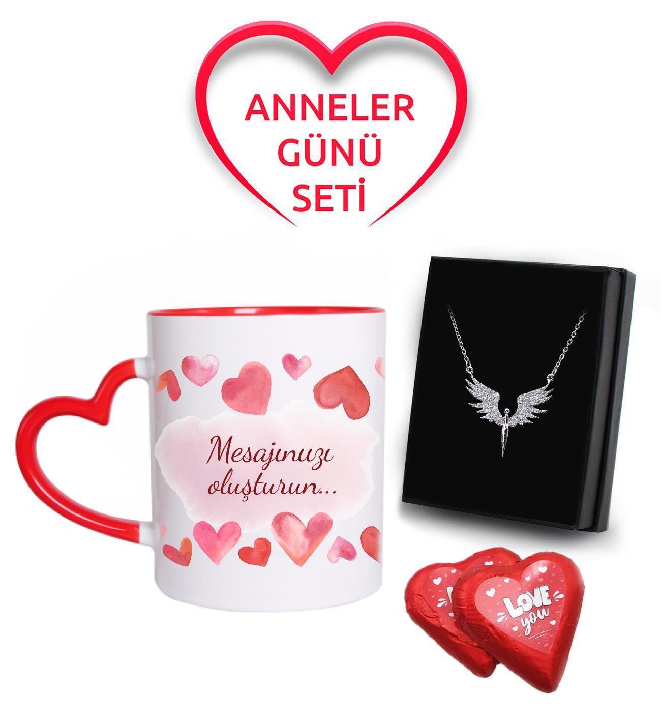 Anneler Gününe Özel Kişiye Özel Mesajlı Kupa & Mikail Melek Kolye & 2 Adet Kalp Çikolata Hediye Seti