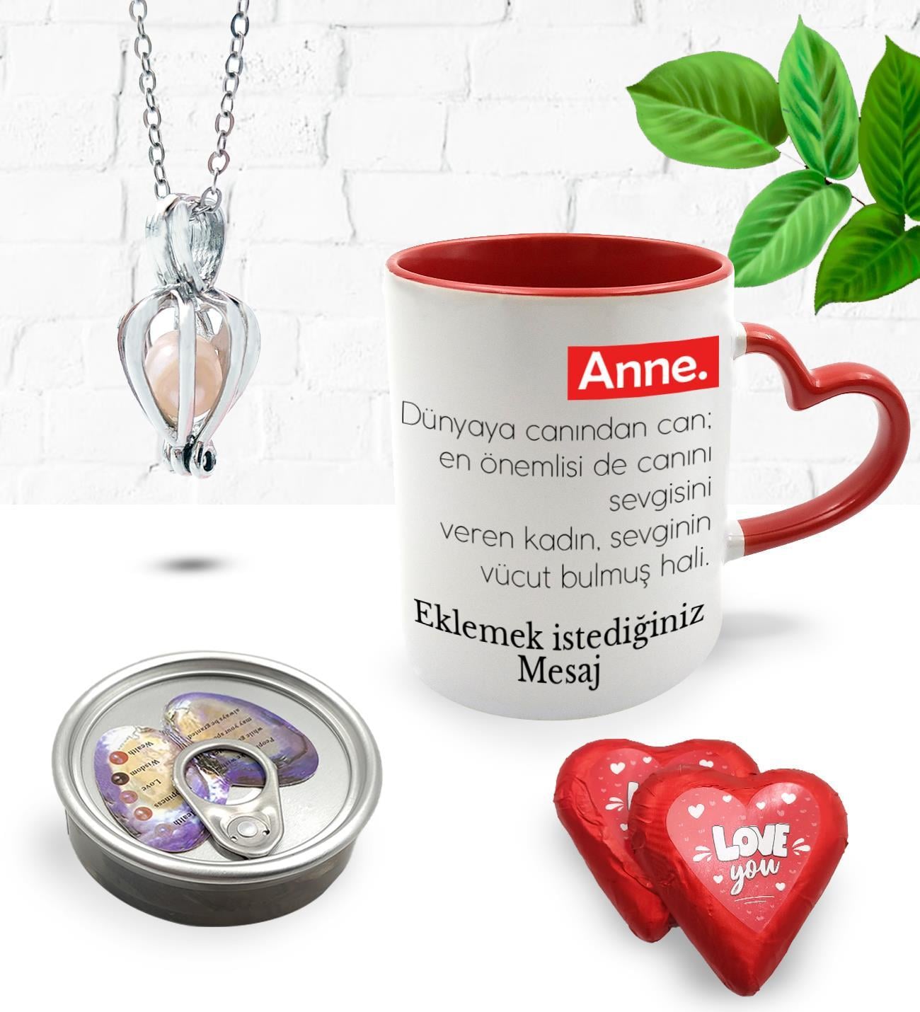 Anneler Gününe Özel Mesajlı Kalpli Anne Sözlük Kupa & İstiridye İçinde İnci Kolye & Kalp Çikolata Hediye Seti