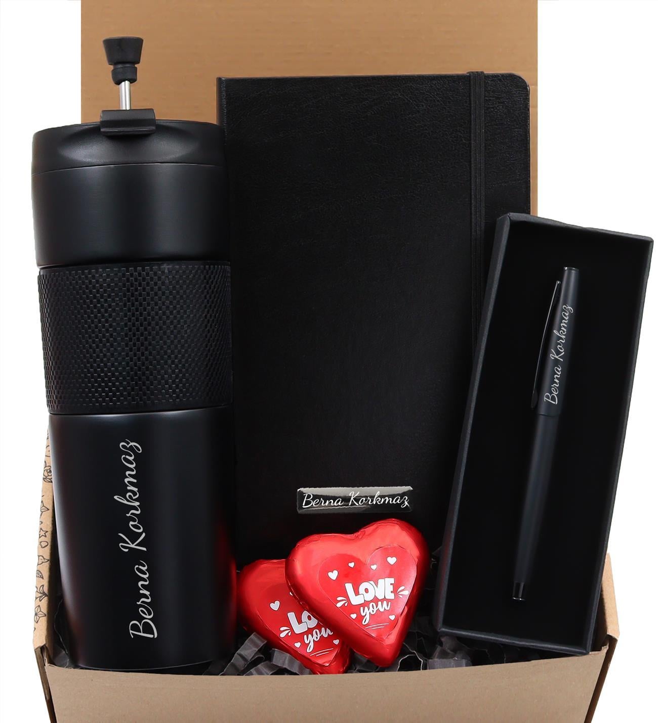 French Pressli Termos & Siyah Defter  & Siyah Mat Kalem & 2li Kalp Çikolata Hediye Seti 